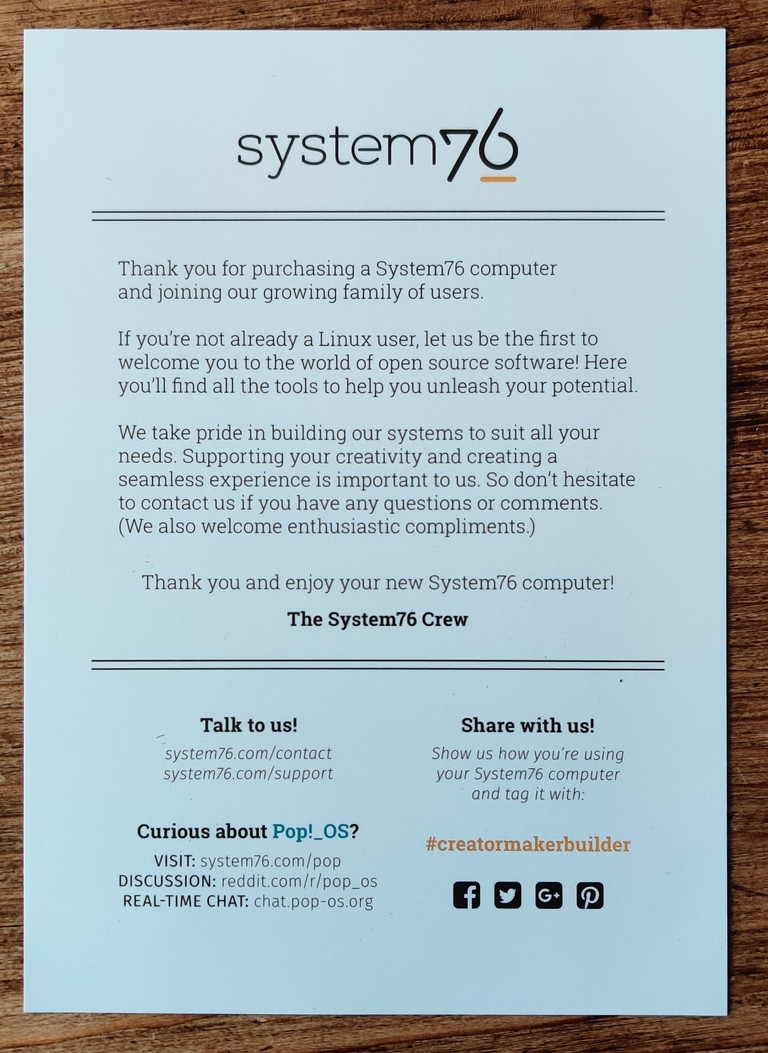 System76 Welcome Card